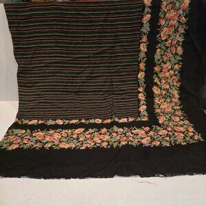 Black Floral and Striped Shawl Cotton 54 inches square 1970s